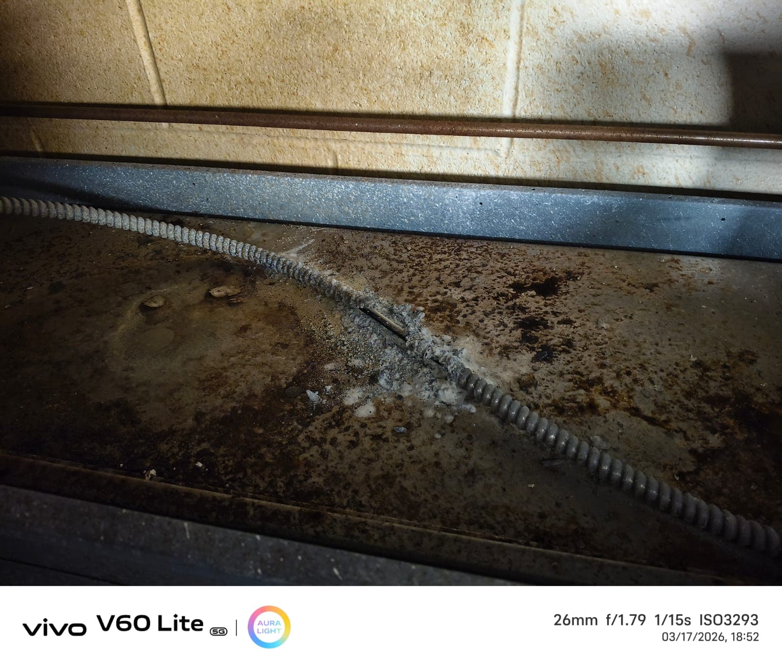 Deposits and corroded metal around damaged flexible electrical conduit inside a laboratory hood